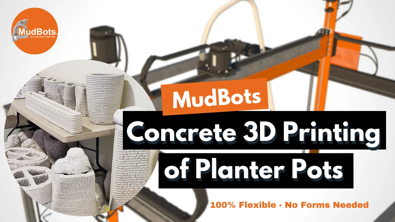 Watch MudBots 3D Concrete Printer model 664 in action. 100% Flexible. No Forms Needed. Print with just a push of the button and watch the magic happens. In this video, we test print different concrete structures of planter pot boxes in different sizes and shapes.